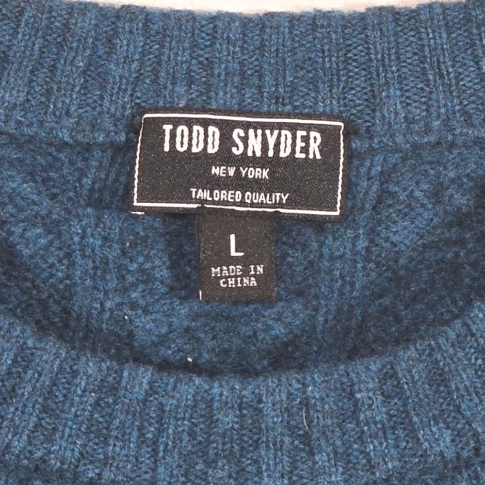 Todd Snyder Cable Knit Sweater Large Teal Blue 100% Lambs Wool Crew Neck - Picture 4 of 7